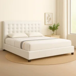 Elegant white upholstered bed with a tufted rectangular headboard.