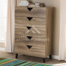 Modern tall dark wood dresser with five drawers and unique V-shaped integrated handles.