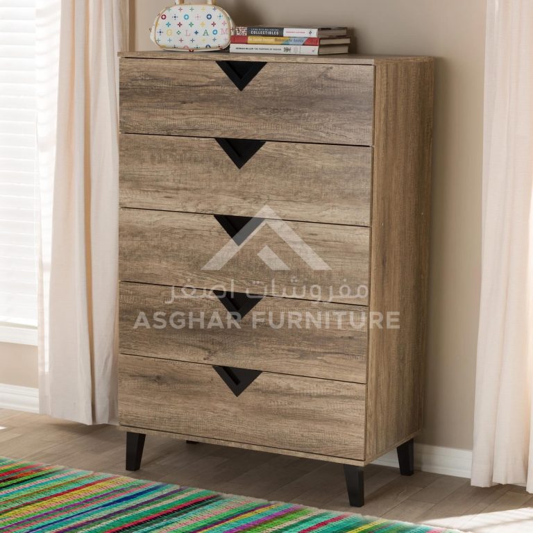 Modern tall dark wood dresser with five drawers and unique V-shaped integrated handles.