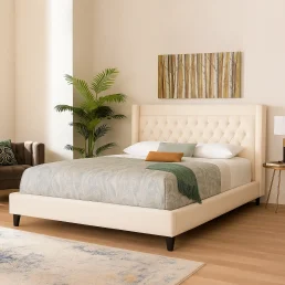 Stylish beige bed with a prominent tufted headboard, offering a luxurious feel.