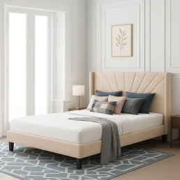 Modern beige upholstered bed with a distinctive fan-pleated headboard, styled with blue and grey bedding.