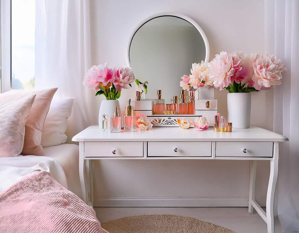 A white vanity with pink flowers, perfume bottles, and a round mirror stands beside a bed adorned with pink and white bedding, perfectly complemented by premium mattresses & sleep essentials.