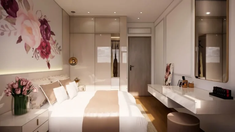 Modern bedroom interior showcasing a vibrant floral painting as a focal point on the wall.