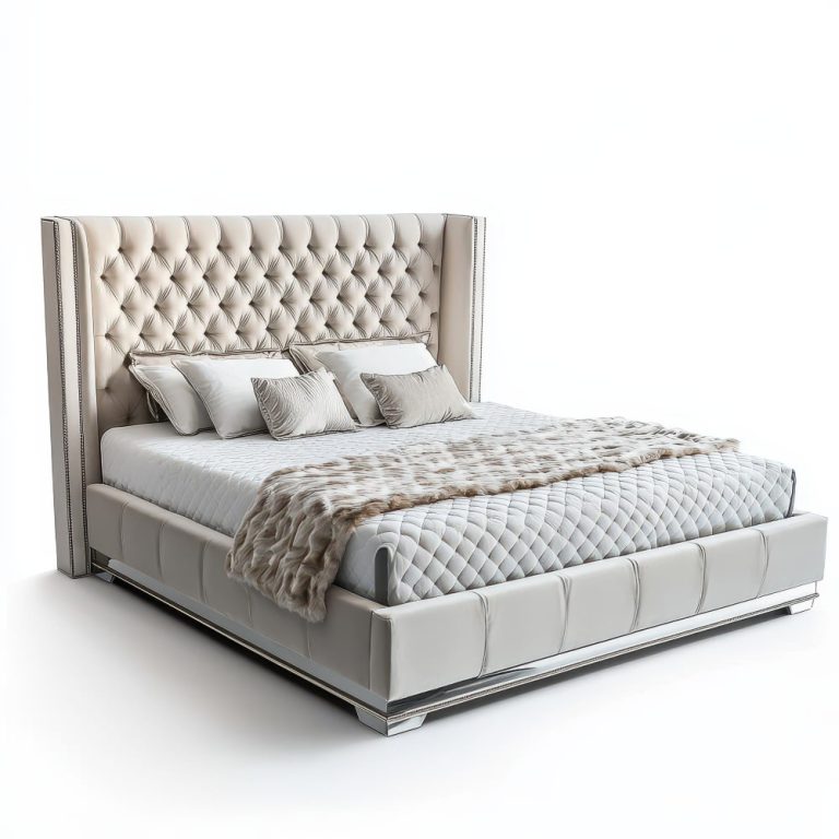 A stylish king bed featuring a tufted headboard and a crisp white pillow, creating a cozy and elegant bedroom atmosphere.