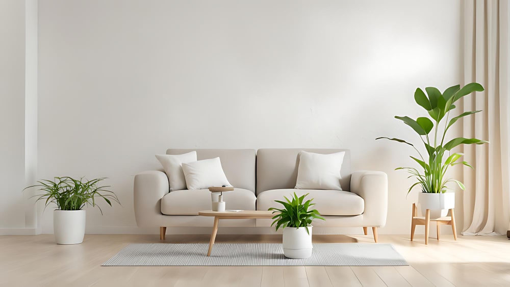 A cozy living room featuring a couch, two potted plants, and a stylish table, creating a welcoming atmosphere.