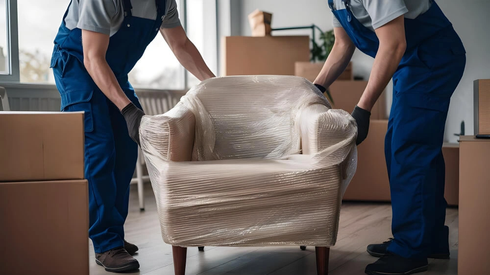 Furniture delivery team unwrapping a new chair.