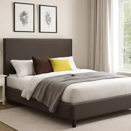 Modern dark brown upholstered bed with a rectangular headboard, styled with white, grey, and yellow bedding.