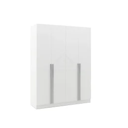 Modern white four-door wardrobe with sleek silver handles.