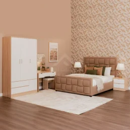 Modern upholstered bedroom set: light brown bed, white and wood wardrobe, dressing table.