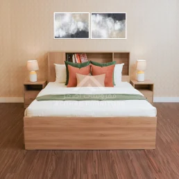 Light wood bed with headboard storage and matching nightstands in a modern Dubai bedroom.