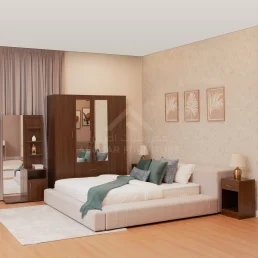 Modern bedroom set featuring a light beige platform bed, dark wood mirrored wardrobe, and matching bedside furniture.