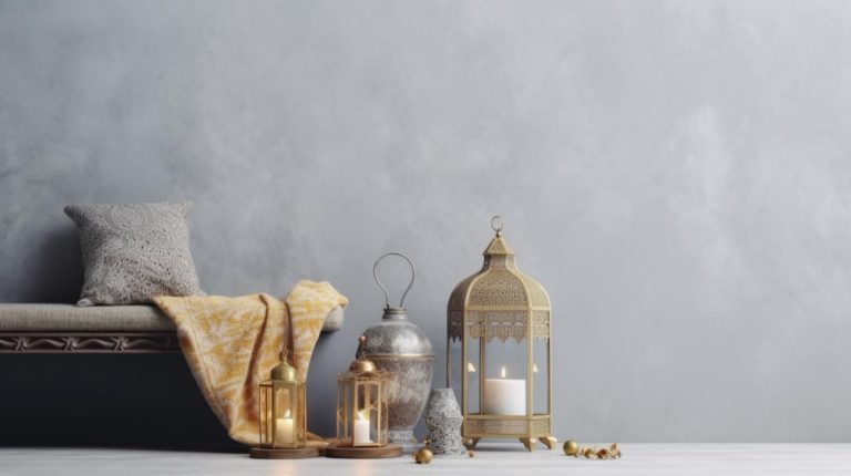 A cozy room featuring a wooden bench, a warm lamp, and a flickering candle on a table.