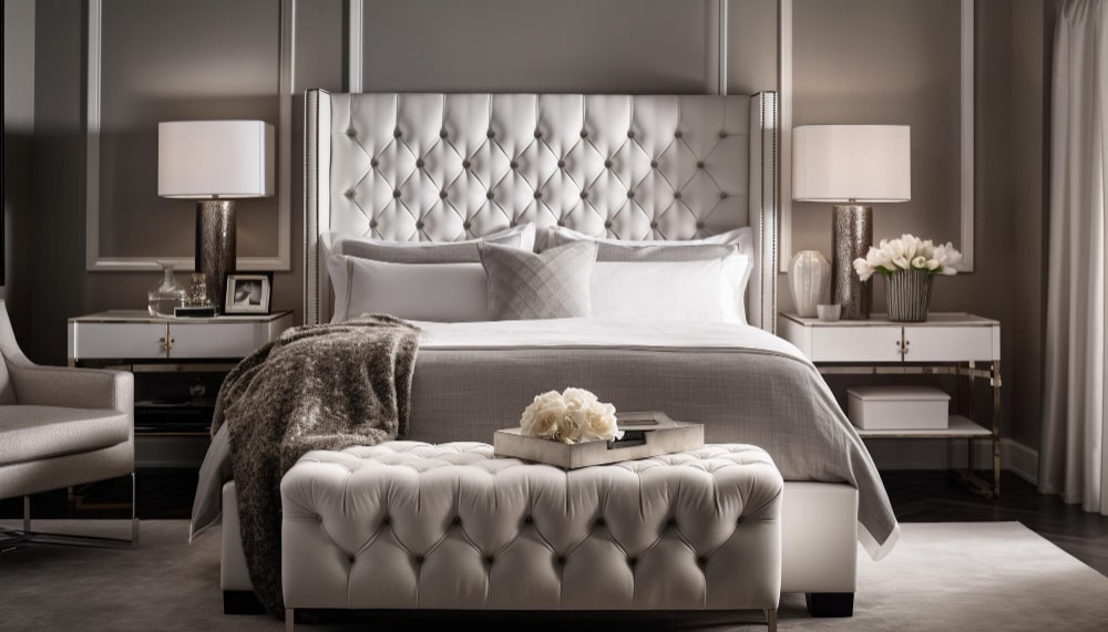 A cozy bedroom featuring a white bed and a matching white ottoman, creating a serene and inviting atmosphere.