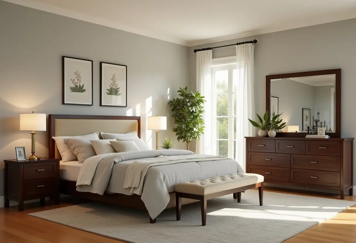 A full bedroom set in modern style, featuring a queen bed, two elegant nightstands, and a spacious dresser with a mirror for a bright look.