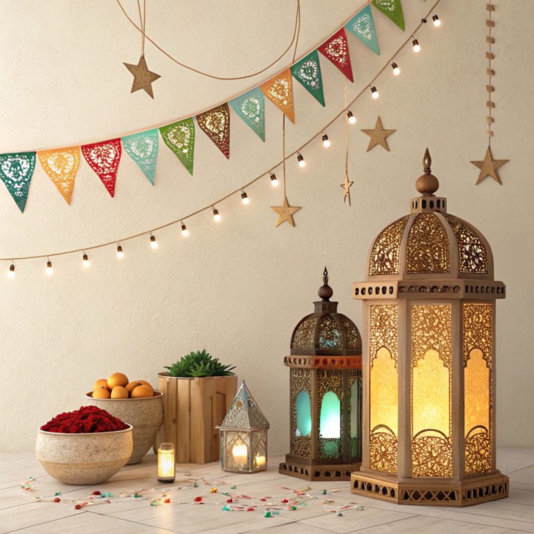 A beautifully arranged table featuring lanterns, assorted fruits, and decorative elements for a festive atmosphere.