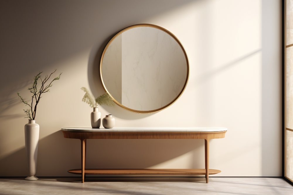 A console table with a mirror above it, positioned in a room featuring a large window that lets in natural light.