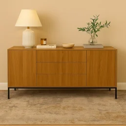 Contemporary light wood sideboard on a sleek black metal base.