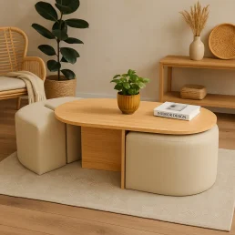 Modern oval wooden coffee table with integrated beige upholstered ottomans, styled in a cozy living area.