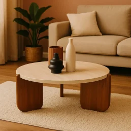 Modern round coffee table with curved wooden base.