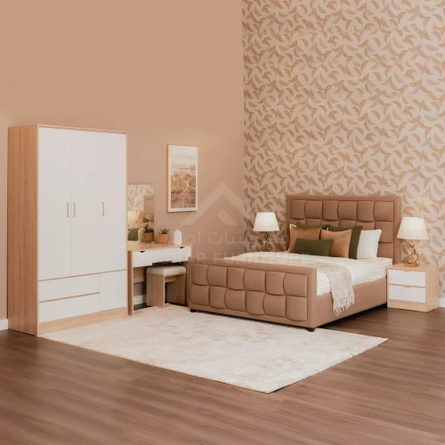Modern upholstered bedroom set: light brown bed, white and wood wardrobe, dressing table.