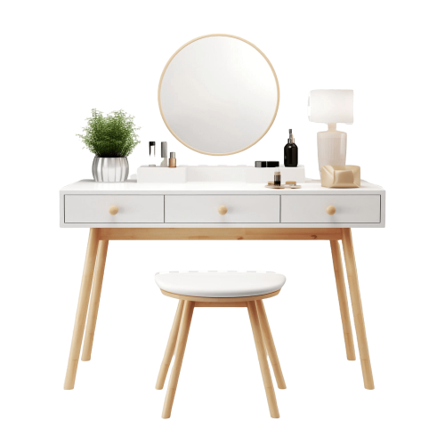A white vanity table featuring a mirror and a matching stool, elegantly arranged for a stylish dressing area.