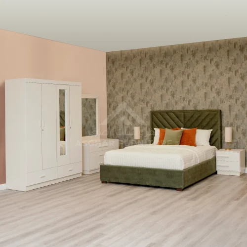 Modern bedroom set featuring an olive green upholstered bed with a unique headboard, white wardrobe, and matching nightstands